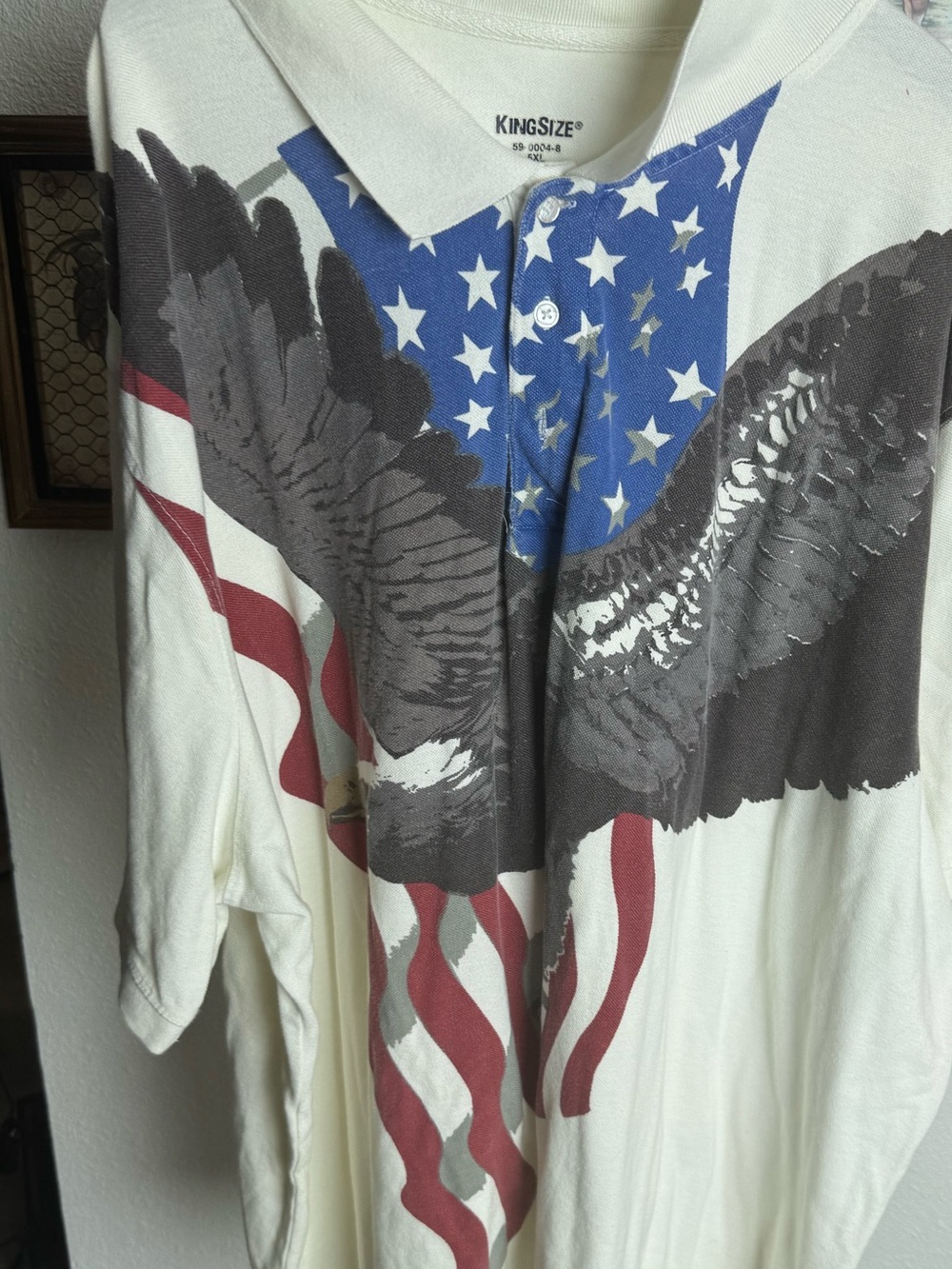 King Size White Polo with American Flag and Bald Eagle Design Mens Size 5XL
